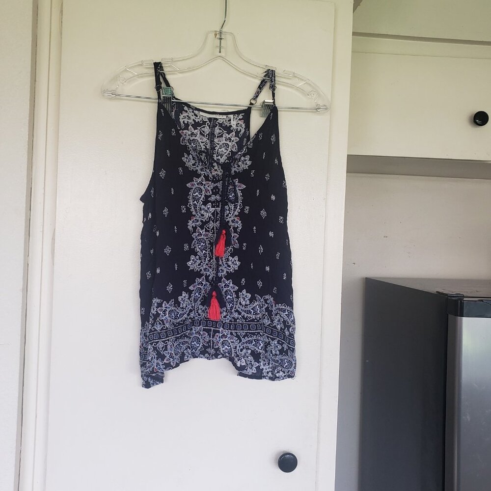 LUQ Blue and White Paisley Top with Red Tassels Size S/P